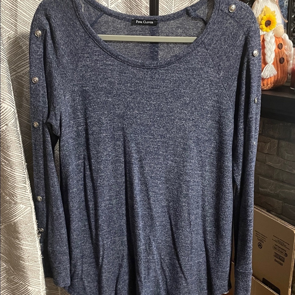 Pink Clover Heathered Blue Blouse with Button Accents